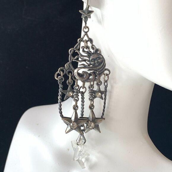 Banana Bob sun and stars 4” chandelier silver pierced earrings with crystals - Picture 2 of 6